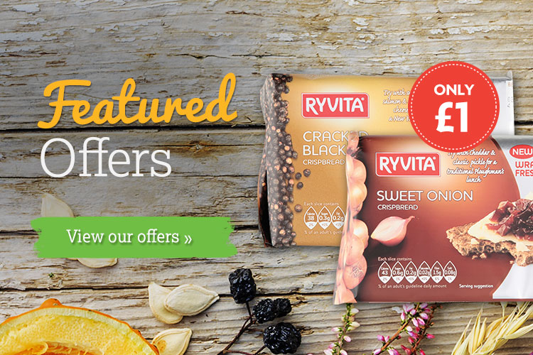 Featured Offers: Health Eating - Ryvita: Pumpkin & Oat, Multi-Grain, Fruit Crunch, Sesame Seed, Sunflower & Oat, Cracked Black Pepper, Sweet Onion - Only £1